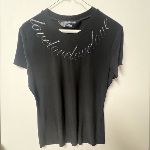 NORMA KAMALI BLACK SHORT SLEEVE SIZE XL “LOVED” GRAPHIC TOP.  POLYESTER/SPANDEX - Picture 1 of 9
